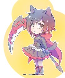 Rule 34 | 1girl, animal ears, black hair, cape, cat ears, cat tail, chibi, commentary request, crescent rose, iesupa, ruby rose, rwby, grey eyes, smile, solo, tail, tail wagging