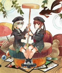 Rule 34 | 10s, 2girls, bad id, bad twitter id, ball, beret, blue eyes, brown eyes, brown hair, card, clothes writing, fish, hanafuda, hat, highres, itomugi-kun, kantai collection, mallet, md5 mismatch, military, military uniform, multiple girls, resized, sailor collar, sailor collared, sailor hat, short hair, silver hair, sitting, smile, spinning top, uniform, z1 leberecht maass (kancolle), z3 max schultz (kancolle)