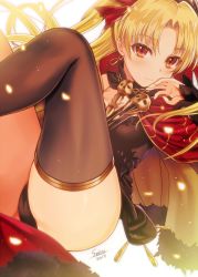 Rule 34 | 1girl, artist name, black dress, blonde hair, blush, bow, breasts, cape, dated, dress, earrings, ereshkigal (fate), fate/grand order, fate (series), fur-trimmed cape, fur trim, hair bow, hand to own mouth, infinity symbol, jewelry, long hair, long sleeves, looking at viewer, medium breasts, multicolored cape, multicolored clothes, parted bangs, parted lips, red bow, red cape, red eyes, seiru (prairie), skull, solo, spine, tohsaka rin, two side up, very long hair, white background, yellow cape
