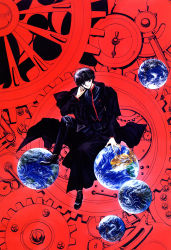 Rule 34 | 1boy, absurdres, black footwear, black hair, black jacket, blue eyes, clamp, closed mouth, earth (planet), frown, full body, gears, highres, jacket, jacket on shoulders, lace-up shoes, leg lift, male focus, official art, planet, red background, red theme, scan, shirou kamui, short hair, solo, thinking, traditional media, uniform, x (manga)