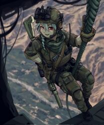 Rule 34 | 1girl, aircraft, assault rifle, boots, braid, epakim, gloves, gun, handgun, headset, helicopter, helmet, highres, knee pads, night vision device, original, photo background, rappelling, red eyes, rifle, scope, sleeves rolled up, smile, sniper rifle, solo, suppressor, walkie-talkie, weapon, white hair