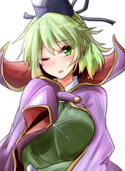 Rule 34 | 1girl, blush, cape, commentary request, dress, green dress, green eyes, green hair, hat, highres, looking at viewer, one-hour drawing challenge, one eye closed, open mouth, oshiaki, short hair, soga no tojiko, solo, tate eboshi, touhou, upper body, white background