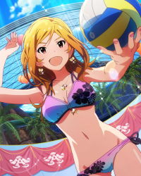 Rule 34 | 10s, 1girl, ball, beach volleyball, bikini, breasts, brown hair, cleavage, earrings, female focus, floral print, holding, holding ball, idolmaster, idolmaster million live!, jewelry, kawakami tetsuya, lens flare, long hair, looking at viewer, momose rio, navel, necklace, official art, open mouth, pendant, playing sports, print bikini, purple eyes, smile, solo, swimsuit, thigh gap, volleyball, volleyball (object)
