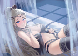 Rule 34 | 1girl, alternate costume, black headband, black panties, black thighhighs, blue eyes, blush, breasts, ciderwrath, cleavage, closed mouth, commentary, commission, eir (fire emblem), english commentary, fire emblem, fire emblem heroes, forehead, grey hair, headband, jewelry, lingerie, long hair, looking at viewer, lying, medium breasts, navel, nintendo, panties, ponytail, ring, signature, smile, solo, stomach, thighhighs, underwear, very long hair