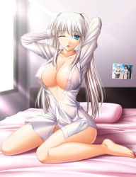 Rule 34 | 1girl, arms up, barefoot, bed, blue eyes, bottomless, breasts, cleavage, covered erect nipples, dress shirt, feet, highres, kafu (logaemon), large breasts, light rays, mabinogi, naked shirt, nao (mabinogi), one eye closed, open clothes, open mouth, open shirt, photo (object), pillow, see-through, shirt, solo, sunbeam, sunlight, twintails, unbuttoned, waking up, white hair, wings, wink, yawning