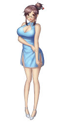 Rule 34 | 1girl, absurdres, arm grab, bare arms, bare legs, beads, black-framed eyewear, blue dress, breasts, brown eyes, brown hair, china dress, chinese clothes, cleavage, cleavage cutout, clothing cutout, corgi (artist), dress, full body, glasses, hair bun, hair ornament, hair stick, hairpin, high heels, highres, large breasts, lips, lipstick, makeup, mei (overwatch), open mouth, overwatch, overwatch 1, parted lips, pink lips, short dress, short hair, side slit, sidelocks, simple background, single hair bun, sleeveless, sleeveless dress, solo, swept bangs, white background
