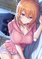 Rule 34 | 1girl, aged up, alternate breast size, alternate costume, bed sheet, blush, breasts, casual, cleavage, closed mouth, collarbone, drawstring, dutch angle, gochuumon wa usagi desu ka?, hair between eyes, highres, hood, hood down, hooded pajamas, hoto cocoa, indoors, ks (xephyrks), large breasts, looking at viewer, lying, night, on bed, on side, orange hair, pajamas, pom pom (clothes), purple eyes, short hair, short shorts, short sleeves, shorts, smile, solo, white shorts, window