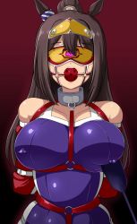 Rule 34 | 1girl, animal ears, arms behind back, bad id, bad pixiv id, ball gag, bare shoulders, bdsm, blindfold, bondage, bound, bound arms, breasts, brown hair, collar, covered erect nipples, el condor pasa (umamusume), gag, gagged, gradient background, harness, heart, high ponytail, horse ears, horse girl, large breasts, long hair, nipple bar, nipple piercing, piercing, ponytail, rebake, red background, riding crop, solo, umamusume, wiffle gag