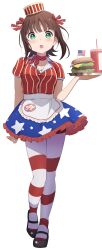 Rule 34 | 1girl, absurdres, amami haruka, american flag, apron, blue skirt, blush, breasts, brown hair, burger, choker, cleavage, collarbone, cup, drinking straw, food, frilled apron, frilled skirt, frills, full body, green eyes, gyorui (katsuwo drawing), hair ribbon, highres, holding, holding tray, idolmaster, idolmaster (classic), idolmaster million live!, idolmaster million live! theater days, looking at viewer, mary janes, medium breasts, mini flag, miniskirt, open mouth, red ribbon, red shirt, ribbon, ribbon choker, shirt, shoes, short hair, short sleeves, simple background, skirt, solo, star (symbol), star print, striped clothes, striped ribbon, striped shirt, striped thighhighs, thighhighs, tray, white apron, white background, white thighhighs