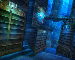 Rule 34 | 1girl, blonde hair, blue theme, book, bookshelf, commentary, dark, dress, fantasy, floating book, floating object, kaitan, lantern, library, long hair, magic, original, revision, scenery, solo, stairs, too many, too many books, very long hair