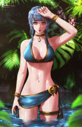 Rule 34 | 1girl, alternate costume, bare arms, bikini, blue bikini, blue hair, blurry, blurry background, blurry foreground, bracelet, braid, breasts, cleavage, cowboy shot, crown braid, esther shen, fire emblem, fire emblem: three houses, gem, groin, jewelry, looking at viewer, marianne von edmund, medium breasts, navel, nintendo, sarong, shiny skin, short hair with long locks, sidelocks, signature, solo, standing, swimsuit, thighlet, wading
