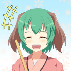 Rule 34 | 1girl, :d, ^ ^, animal ears, blush, broom, cato (monocatienus), check commentary, dog ears, closed eyes, fang, floppy ears, green hair, japanese clothes, kasodani kyouko, kimono, open mouth, short hair, smile, solo, touhou, undershirt, upper body