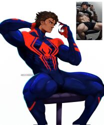 Rule 34 | 1boy, 2angelisimo, animal print, bara, black hair, blue bodysuit, bodysuit, corrupted twitter file, dark-skinned male, dark skin, highres, large pectorals, male focus, marvel, miguel o&#039;hara, muscular, muscular male, original, pectorals, photo-referenced, red bodysuit, short hair, simple background, sitting, solo, spider-man: across the spider-verse, spider-man (2099), spider-man (series), spider-verse, spider print, thick thighs, thighs, twitter username, two-tone bodysuit, white background