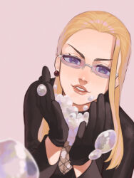 Rule 34 | 1girl, arms up, asymmetrical bangs, black gloves, blonde hair, breasts, cleavage, earrings, fishnets, glasses, gloves, highres, holding, jewelry, kalifa (one piece), long hair, long sleeves, looking at viewer, medium breasts, one piece, p21, pink background, pink lips, purple eyes, smile, soap bubbles, solo, upper body