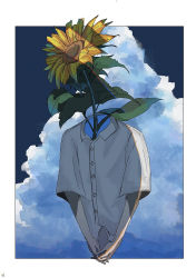Rule 34 | 1other, absurdres, ambiguous gender, blue background, border, cloud, collared shirt, commentary, flower, highres, ikura donburi (mmom x), object head, original, outside border, own hands together, shirt, short sleeves, solo, sunflower, symbol-only commentary, upper body, white border, white shirt