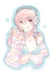 Rule 34 | 1girl, :q, bad id, bad pixiv id, bikini, bikini top only, bikini under clothes, blush, breasts, cleavage, female focus, food, headphones, hood, hoodie, large breasts, licking lips, long hair, looking at viewer, macaron, navel, nitroplus, open clothes, open hoodie, pink hair, red eyes, simple background, smile, solo, striped clothes, striped hoodie, super sonico, swimsuit, swimsuit under clothes, tongue, tongue out, u hi, us 155x