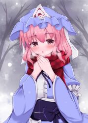 Rule 34 | 1girl, blue headwear, blue kimono, condensation, expressionless, hat ornament, highres, ibuibuyou, japanese clothes, kimono, long sleeves, open mouth, pink eyes, pink hair, red scarf, saigyouji yuyuko, scarf, snow, snowing, solo, touhou, tree, winter