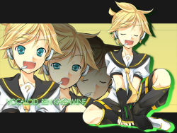 Rule 34 | 1boy, :d, closed eyes, full body, indian style, kagamine len, letterboxed, looking at viewer, male focus, momo-iro, multiple views, neckerchief, open mouth, sailor collar, school uniform, serafuku, setins, shirt, short sleeves, shorts, sitting, smile, spread legs, vocaloid, white shirt