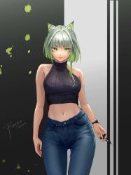 Rule 34 | 1girl, alternate costume, animal ear fluff, animal ears, arknights, artist name, bare shoulders, black background, blue pants, breasts, casual, cat ears, closed mouth, collarbone, cowboy shot, dated, denim, gradient hair, green eyes, green hair, grey background, grey hair, highres, holding, holding syringe, jeans, kal&#039;tsit (arknights), large breasts, looking at viewer, multicolored hair, navel, pants, ronjou14, signature, single sidelock, sleeveless, solo, stomach, syringe, two-tone background, v-shaped eyebrows, wristband