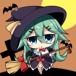 Rule 34 | 1girl, alternate costume, bat (animal), bat wings, blush, broom, chibi, commentary request, green eyes, green hair, hair between eyes, hair flaps, hair ornament, hairclip, halloween, hat, kantai collection, long hair, looking at viewer, moon, parted bangs, peta (taleslove596), pumpkin, red ribbon, ribbon, solo, striped clothes, striped legwear, striped thighhighs, thighhighs, wings, witch hat, yamakaze (kancolle)