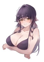 Rule 34 | 1girl, absurdres, arms under breasts, azuma (azur lane), azur lane, bikini, black bikini, black hair, blonde hair, blush, breasts, cleavage, cropped torso, floppy ears, hair between eyes, halterneck, highres, large breasts, long hair, looking at viewer, parted lips, sea nami, simple background, smile, solo, swimsuit, upper body, white background