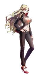 Rule 34 | 10s, 1girl, blonde hair, blue eyes, braid, breasts, cleavage, full body, god eater, god eater 3, high heels, highres, hilda henriquez, large breasts, long hair, navel, official art, parted bangs, revealing clothes, simple background, solo, standing, stomach, tagme, white background