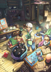 Rule 34 | 1girl, 2boys, blonde hair, cable, child, closed eyes, doll, drill hair, hat, indoors, lamp, mini hat, mini top hat, multiple boys, original, ponzu (catponz), scenery, top hat, workshop