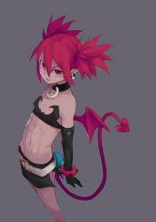 Rule 34 | 1girl, absurdres, bare shoulders, belt, black gloves, choker, demon tail, disgaea, etna (disgaea), flat chest, from above, gloves, highres, jewelry, looking at viewer, looking up, makai senki disgaea, navel, pointy ears, red eyes, red hair, simple background, skirt, tail, thighhighs, twintails, wings
