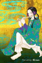 Rule 34 | 1girl, artist name, barefoot, black hair, chinese clothes, em makiweb, feet, flower, flute, hair flower, hair ornament, highres, holding, holding flute, holding instrument, instrument, looking at viewer, music, original, pants, playing instrument, purple flower, solo, toes, white pants
