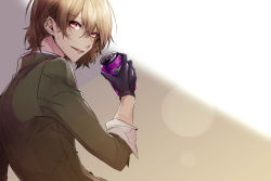 Rule 34 | 1boy, akechi gorou, bad id, bad pixiv id, black gloves, brown hair, brown jacket, can, gloves, hair between eyes, holding, holding can, jacket, male focus, open mouth, persona, persona 5, red eyes, simple background, solo, sweat, upper body, yuu (isis7796)