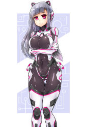 Rule 34 | 1girl, bodysuit, breast hold, breasts, covered navel, cowboy shot, crossed arms, grey hair, highres, large breasts, long hair, looking at viewer, mecha musume, original, pilot suit, pink eyes, science fiction, skin tight, solo, standing, x-6