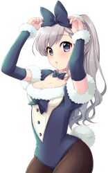 Rule 34 | 1girl, absurdres, arms up, black pantyhose, blue eyes, blue leotard, blush, braid, braided bangs, breasts, cleavage, commentary, detached collar, detached sleeves, fake tail, fur trim, grey hair, hair ornament, hair ribbon, hair scrunchie, highres, hisakawa hayate, holding, holding ribbon, idolmaster, idolmaster cinderella girls, idolmaster cinderella girls starlight stage, leotard, long hair, long sleeves, looking at viewer, medium breasts, neck ribbon, open mouth, pantyhose, ponytail, popon ta, rabbit tail, ribbon, scrunchie, simple background, solo, tail, very long hair, white background