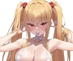 Rule 34 | 1girl, blonde hair, blush, bow, bowtie, bra, breasts, collarbone, condom, condom in mouth, cropped, hair between eyes, hair ornament, hand in own hair, highres, k pring, large breasts, mouth hold, original, red eyes, twintails, underwear, upper body, white bow, white bowtie, white bra