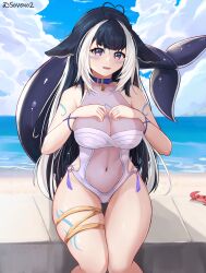 Rule 34 | 1girl, absurdres, ahoge, animal ears, arm ribbon, belt collar, bikini, black hair, blue bikini, blue collar, blue nails, blue sky, body markings, breasts, cetacean tail, cleavage, clothing cutout, cloud, collar, collarbone, covered navel, crab, criss-cross halter, cropped legs, day, facial mark, fangs, fins, fish tail, halterneck, hands on own chest, highres, indie virtual youtuber, large breasts, lips, long hair, looking at viewer, multicolored hair, nail polish, navel, ocean, one-piece swimsuit, open mouth, orca girl, outdoors, purple eyes, ribbon, see-through, see-through cleavage, see-through swimsuit, shylily, shylily (3rd costume), side cutout, sitting, skindentation, sky, smile, solo, soveno, streaked hair, swimsuit, tail, thigh strap, virtual youtuber, water, white hair