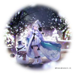 Rule 34 | 1girl, asagi yuna, ash arms, bad id, bad twitter id, black border, blue cape, blue dress, blue eyes, blurry, blurry background, boots, border, bow, braid, brown eyes, cape, christmas lights, closed mouth, coat, collar, crown, depth of field, dress, frilled dress, frills, fur-trimmed coat, fur-trimmed sleeves, fur trim, grey headwear, hair bow, hair ornament, heterochromia, kv-2 (ash arms), light frown, long hair, long sleeves, looking to the side, low twintails, medium dress, night, open clothes, open coat, outdoors, print dress, silver hair, snowing, snowman, solo, standing, tree, twin braids, twintails, watermark, white collar, white footwear