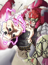 Rule 34 | 1boy, abs, absurdres, artist request, attack, blood, blood on face, clenched hand, clenched teeth, devil fruit, electricity, eustass kid, fur trim, goggles, goggles on head, grin, highres, injury, looking at viewer, mechanical arms, muscular, one piece, pectorals, red eyes, red hair, scar, scar across eye, scar on chest, serious, short hair, simple background, single mechanical arm, smile, solo, spiked hair, teeth