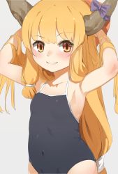 Rule 34 | 1girl, aged down, armpits, bare arms, bare shoulders, belly, black one-piece swimsuit, blush, bow, closed mouth, commentary request, covered navel, cowboy shot, flat chest, grey background, hands up, highres, horn bow, horn ornament, horns, ibuki suika, long hair, looking at viewer, low-tied long hair, nishiuri, one-piece swimsuit, orange eyes, orange hair, purple bow, school swimsuit, simple background, smile, solo, standing, swimsuit, touhou, very long hair