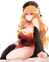 Rule 34 | 1girl, adapted costume, arano oki, bare shoulders, bed sheet, blonde hair, borrowed design, breasts, cleavage, closed mouth, crescent, detached collar, detached sleeves, eyebrows, eyelashes, hair between eyes, hat, highres, huge breasts, junko (touhou), long hair, mature female, on bed, pom pom (clothes), red eyes, sash, side slit, sitting, smile, solo, touhou, white background, wide sleeves, yokozuwari