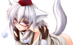 Rule 34 | 1girl, animal ears, bespectacled, blush, bottomless, commentary request, female focus, gizensha, glasses, hat, highres, inubashiri momiji, red eyes, solo, tail, tokin hat, touhou, wallpaper, white background, white hair, wolf ears, wolf tail