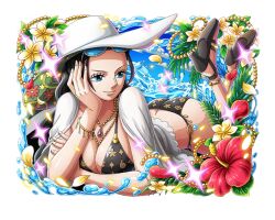 Rule 34 | 1girl, ass, bikini, black bikini, black hair, blue eyes, breasts, butt crack, cleavage, flower, hat, head rest, hibiscus, high heels, jewelry, large breasts, leaf, light smile, long hair, necklace, nico robin, official art, one piece, one piece treasure cruise, red flower, solo, swimsuit, water, white hat