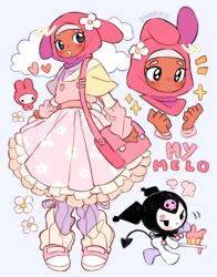 Rule 34 | 2girls, animal ears, arm warmers, black eyes, blue background, blush, character name, closed mouth, cloud, commentary, cupcake, dark-skinned female, dark skin, dress, english commentary, flower, food, full body, hair flower, hair ornament, heart, highres, hijab, holding, humanization, kuromi, layered sleeves, leg warmers, long sleeves, multiple girls, my melody, onegai my melody, open mouth, pink bag, pink dress, pink footwear, rabbit ears, sanrio, sharpycharot, short over long sleeves, short sleeves, simple background, smile, sparkle, standing, walking