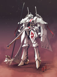 Rule 34 | 2others, axe, cape, helmet, highres, holding, holding axe, holding polearm, holding spear, holding weapon, mecha, multiple others, ongaku nasca, outdoors, pixiv fantasia, pixiv fantasia last saga, polearm, red cape, robot, simple background, spear, standing, weapon