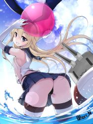 Rule 34 | 1girl, arms up, ass, ball, beachball, black panties, blonde hair, blue eyes, blue sky, blush, cloud, commentary request, cowboy shot, crop top, day, elbow gloves, from behind, gloves, grin, hair between eyes, hairband, highres, holding, holding ball, kantai collection, leaning forward, lens flare, lifebuoy, long hair, looking at viewer, looking back, miniskirt, nino (shira), outdoors, panties, pleated skirt, rensouhou-chan, school uniform, serafuku, shimakaze (kancolle), shirt, skirt, sky, sleeveless, sleeveless shirt, smile, solo, standing, striped clothes, striped thighhighs, swim ring, thighhighs, twitter username, underwear, wading, water, white gloves
