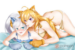 Rule 34 | 2girls, animal ears, animal hands, ass, bed sheet, bikini, biting, blush, breasts, butt crack, cat ears, cat paws, cleavage, downpants, ear biting, embarrassed, fake animal ears, fang, girl on top, highres, kimmy77, large breasts, lying, multiple girls, on stomach, rwby, small breasts, swimsuit, weiss schnee, yang xiao long, yuri