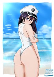 Rule 34 | 1girl, absurdres, ass, bambietta basterbine, bare shoulders, black hair, bleach, blue eyes, breasts, from behind, hat, highres, leotard, long hair, looking at viewer, mistowing, one-piece swimsuit, shiny skin, sideboob, smile, solo, swimsuit