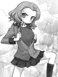 Rule 34 | 1girl, boots, closed mouth, commentary, epaulettes, foot up, frown, girls und panzer, gofu, graphite (medium), greyscale, head tilt, jacket, long sleeves, looking at viewer, medium hair, military, military uniform, miniskirt, monochrome, open clothes, open jacket, opened by self, outdoors, pleated skirt, rosehip (girls und panzer), shirt, skirt, solo, st. gloriana&#039;s military uniform, standing, traditional media, uniform, v-shaped eyebrows