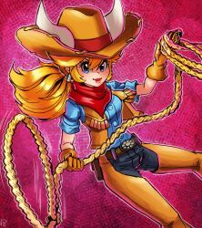 Rule 34 | 1girl, absurdres, belt, blonde hair, blue eyes, breasts, cow girl, cow horns, cowgirl peach, gloves, hat, highres, holding, holding lasso, holding rope, horns, lasso, lips, long hair, looking at viewer, mario (series), medium breasts, neckerchief, nintendo, official alternate costume, official alternate hairstyle, pants, ponytail, princess peach, princess peach: showtime!, red neckerchief, rope, solo, stoic seraphim