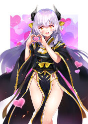 Rule 34 | 1girl, commentary request, fate/grand order, fate (series), han&#039;eri, heart, heart hands, highres, horns, japanese clothes, kimono, kiyohime (fate), kiyohime (third ascension) (fate), long hair, looking at viewer, obi, obiage, obijime, open mouth, pelvic curtain, purple hair, red eyes, sash, solo, sora-bozu