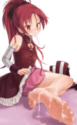 Rule 34 | 1girl, after ejaculation, barefoot, black ribbon, blush, boots, cum, cum on body, cum on feet, feet, foot focus, highres, long hair, maa (maa1), mahou shoujo madoka magica, mahou shoujo madoka magica (anime), ponytail, red eyes, red hair, ribbon, sakura kyoko, simple background, soles, solo, toes, unworn boots