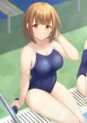 Rule 34 | 2girls, absurdres, blue one-piece swimsuit, blurry, blurry background, blush, breasts, brown hair, cleavage, closed mouth, commentary, competition school swimsuit, competition swimsuit, covered navel, day, feet out of frame, from above, hand in own hair, highres, holding, large breasts, looking at viewer, mole, mole on breast, mole on thigh, multiple girls, ochiai miyabi, one-piece swimsuit, original, outdoors, poolside, puddle, school swimsuit, short hair, sitting, soaking feet, solo focus, sunlight, swimsuit, thighs, wet, yellow eyes